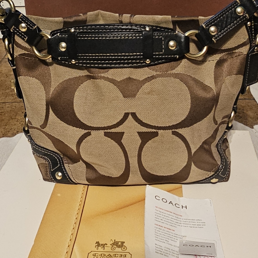 Authentic Signature Coach Carly Brown and Tan Signature Shoulder Bag